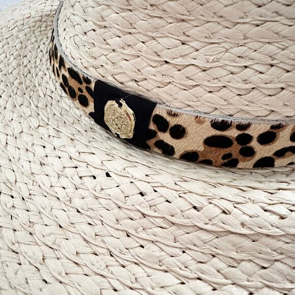 Vince Camuto Beige Straw Leopard Pony Hair Band Summer Hat Floppy Panama OS - Picture 4 of 10
